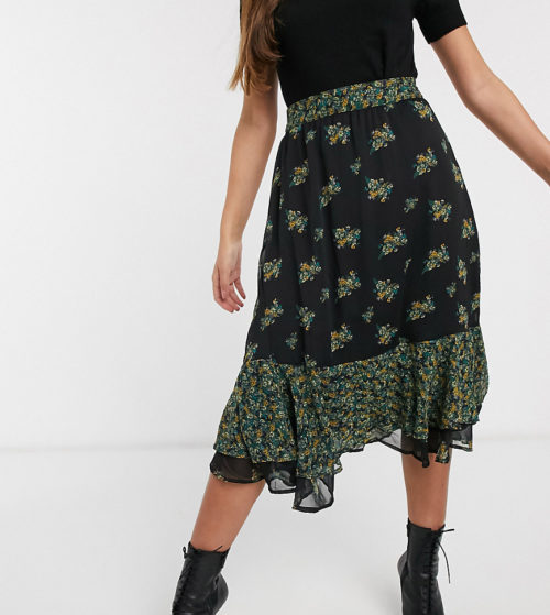 Y.A.S Petite high waist floral midi skirt with frill hem-Black