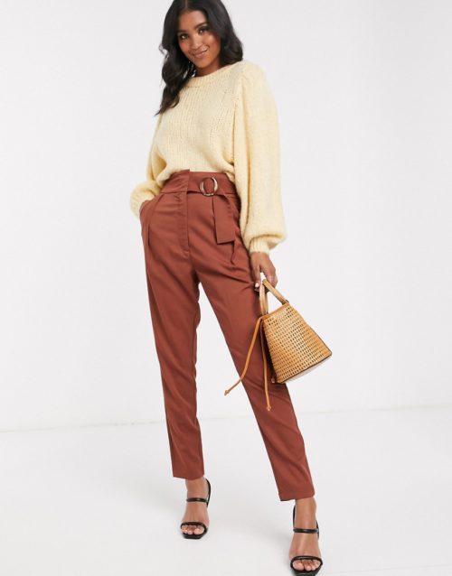 Y.A.S high waist wide leg trouser with wide belt-Brown