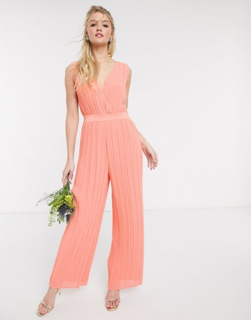 Y.A.S pleated jumpsuit with deep v neck in coral-Orange