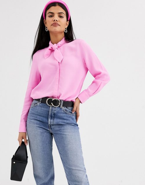 & Other Stories high neck pussybow blouse in pink